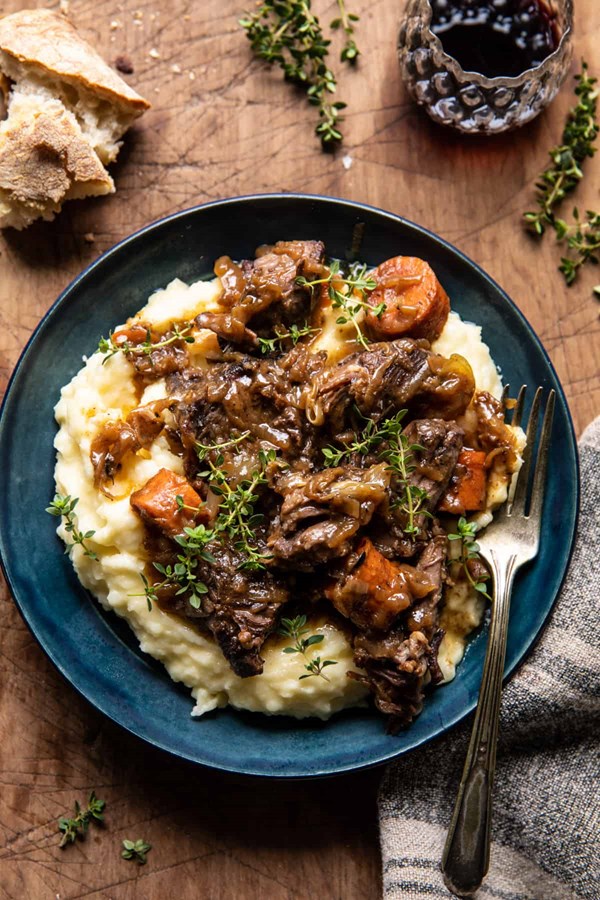 Cider braised short ribs with caramelized onions