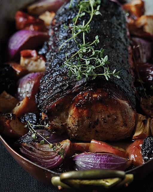 Cider brined pork roast with apples, onions, & dried plums