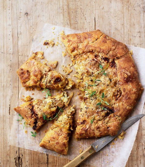 Cider-cooked apple, onion and cheese galette