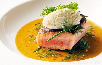 Cider-cured sea trout with a crab sauce and sea vegetables