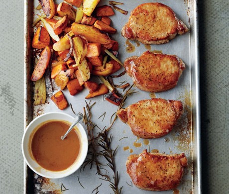 Cider-Dijon pork chops with roasted sweet potatoes and apples