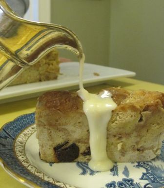 Cider donut bread pudding with applejack sauce