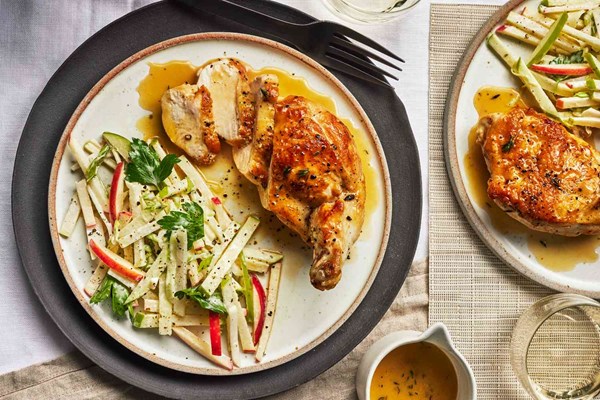 Cider-glazed chicken breasts with apple-kohlrabi slaw