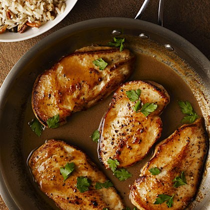 Cider-glazed chicken with browned butter-pecan rice