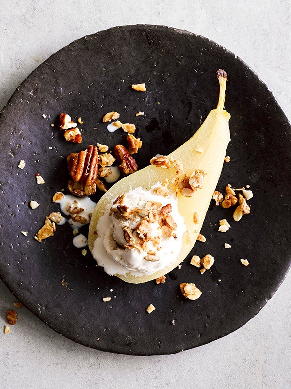 Cider poached pears with maple cinnamon granola
