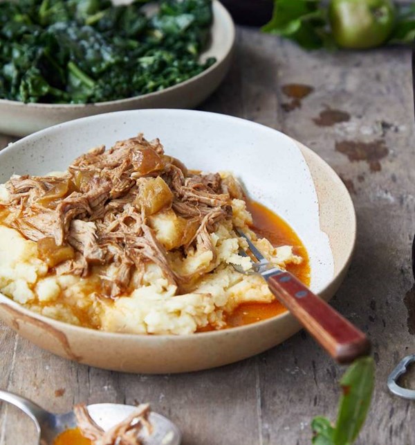 Cider pulled pork with baked potato mash