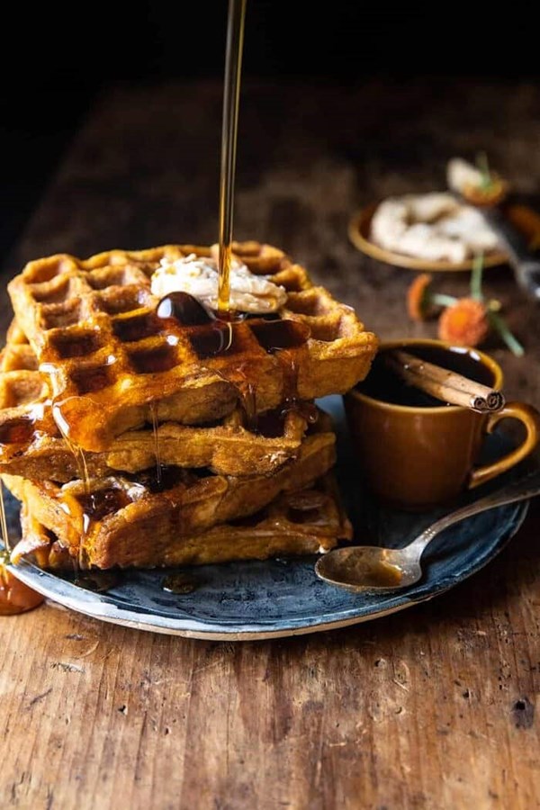 Cider pumpkin waffles with salted maple butter