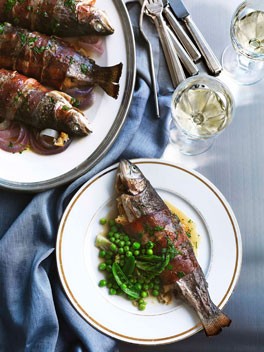 Cider-roast rainbow trout with leek and prosciutto