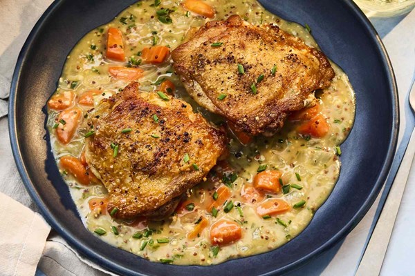 Cider vinegar-braised chicken thighs