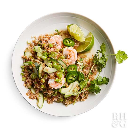 Cilantro-ginger bulgur with shrimp
