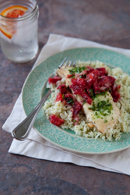 Cilantro jalapeño halibut with blood orange salsa 