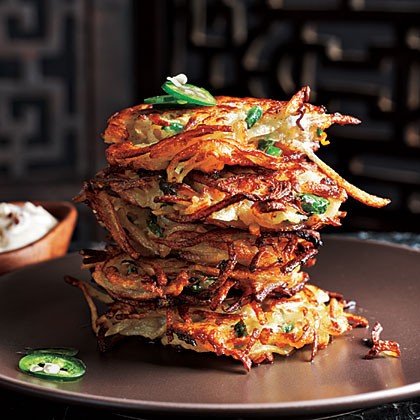 Cilantro-jalapeño latkes with chipotle sour cream
