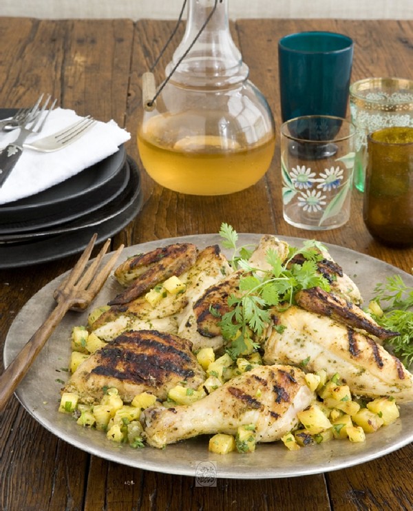 Cilantro tandoori chicken with grilled pineapple salsa