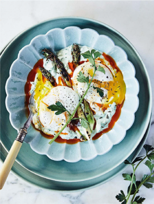 Çılbir with paprika butter, celery caraway yogurt & grilled asparagus