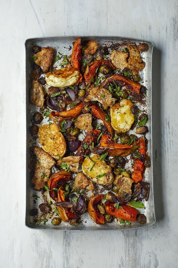 Cinnamon and cumin roasted winter vegetables with baked halloumi
