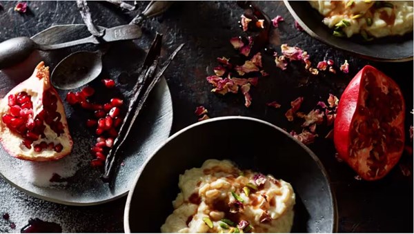 Cinnamon and rosewater rice pudding with pomegranate syrup