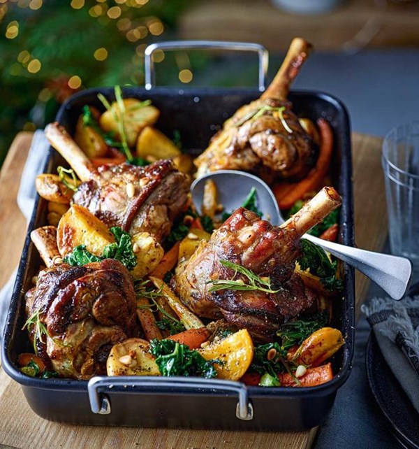 Cinnamon and saffron lamb shanks with roasted roots