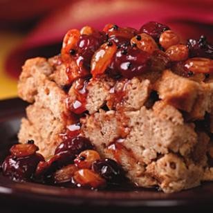 Cinnamon bread pudding with cranberry-raisin sauce