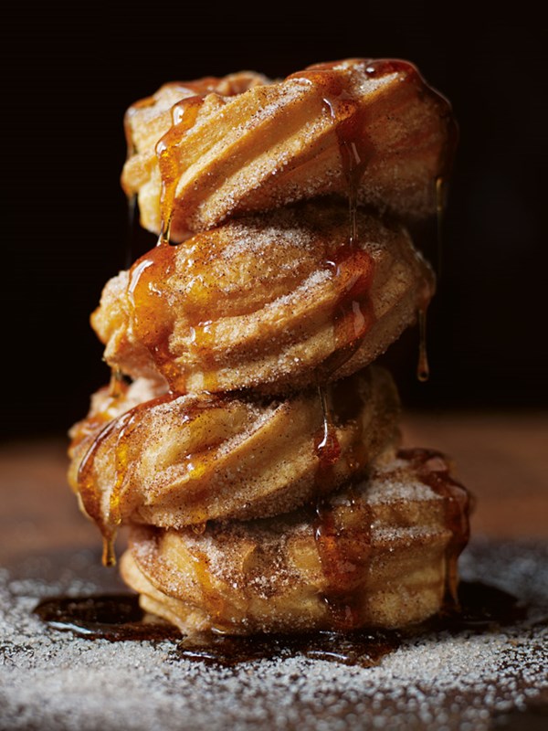 Cinnamon churros doughnuts with sticky maple syrup