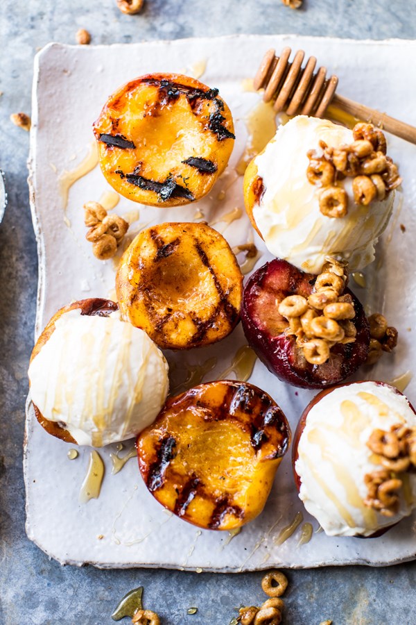 Cinnamon grilled peaches with mascarpone ice cream and Honey Nut Cheerio granola