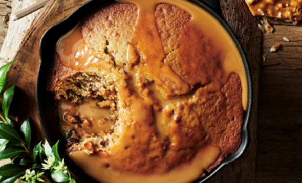 Cinnamon myrtle-spiced sticky date pudding, macadamia brittle and butterscotch sauce