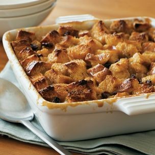 Cinnamon-raisin brioche pudding with caramel glaze