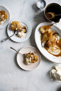 Cinnamon-roated pears with espresso butterscotch and mascarpone