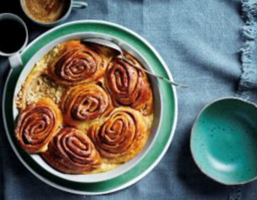 Cinnamon scroll bread and butter pudding with walnut butter