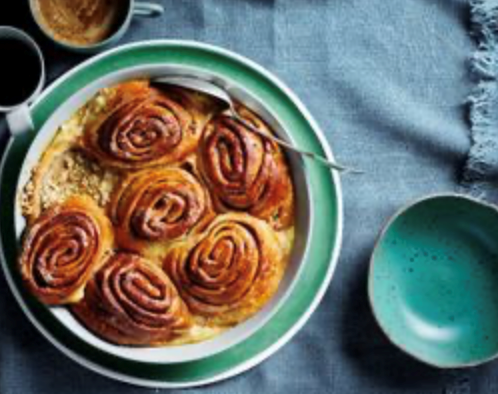 Cinnamon scroll bread and butter pudding with walnut butter