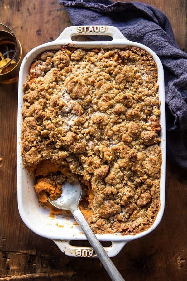 Cinnamon streusel swirled maple sweet potato casserole