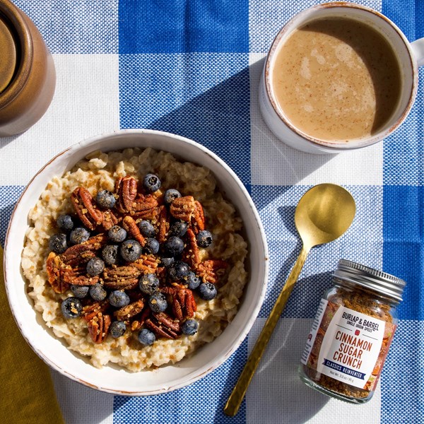 Cinnamon sugar crunch oatmeal with spiced pecans