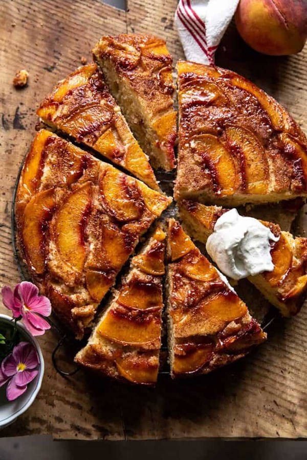Cinnamon sugar peach upside down skillet cake