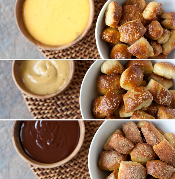Cinnamon sugar soft pretzel bites (with chocolate sauce)