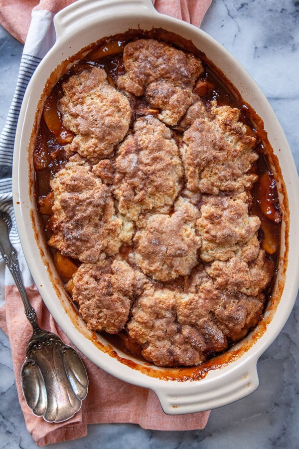 Cinnamon sugar topped Southern peach cobbler