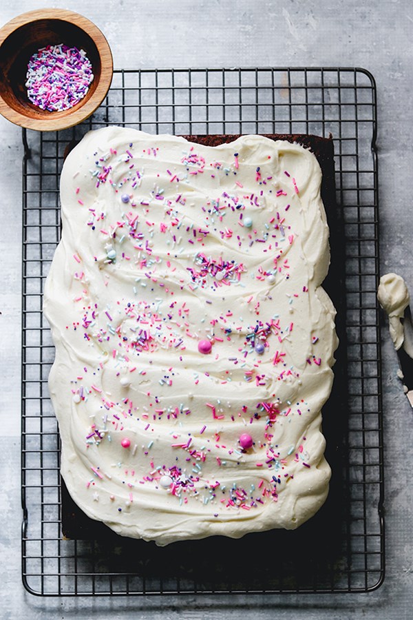 Cinnamon zucchini sheet cake with cream cheese frosting