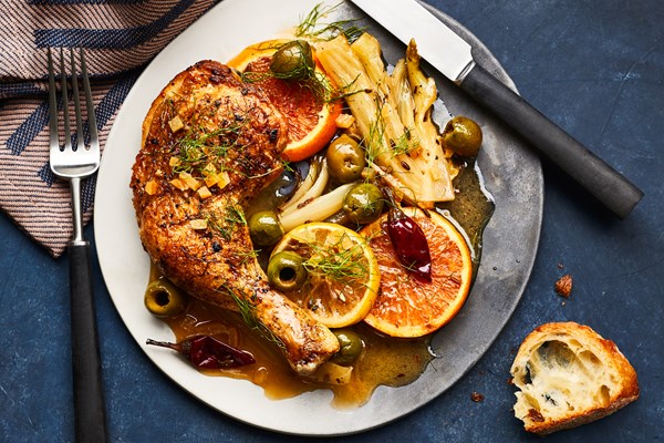 Citrus-and-fennel chicken with olives and Calabrian chiles