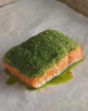 Citrus and herb butter-crusted salmon with white balsamic beurre blanc
