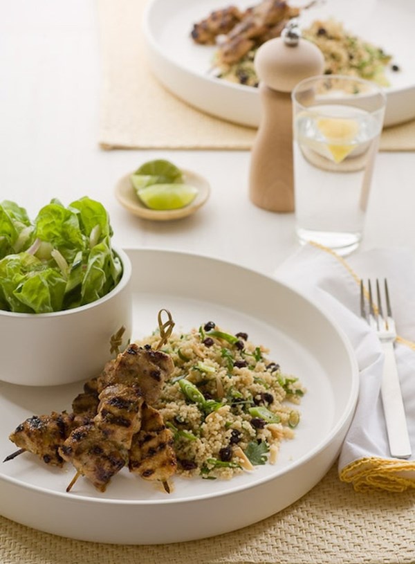 Citrus and honey grilled chicken skewers with couscous