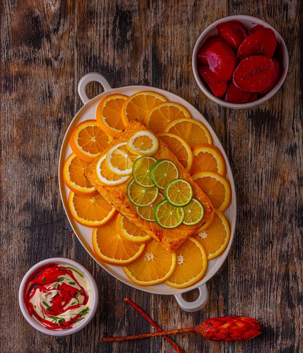 Citrus-baked salmon with beetroot boiled potatoes