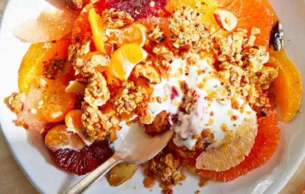 Citrus breakfast salad with spicy chile granola