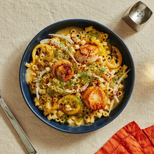 Citrus-butter scallops with tiny pasta 
