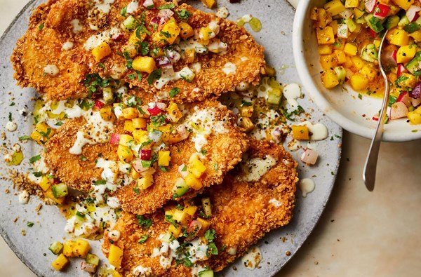 Citrus chicken schnitzels with mango salsa