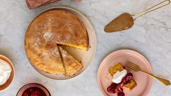 Citrus cornmeal cake with wine-roasted strawberries