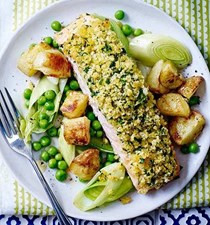 Citrus-crusted salmon with buttered leeks and roasted new potatoes