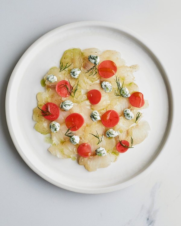 Citrus-cured whiting with elderflower-pickled radishes and dill
