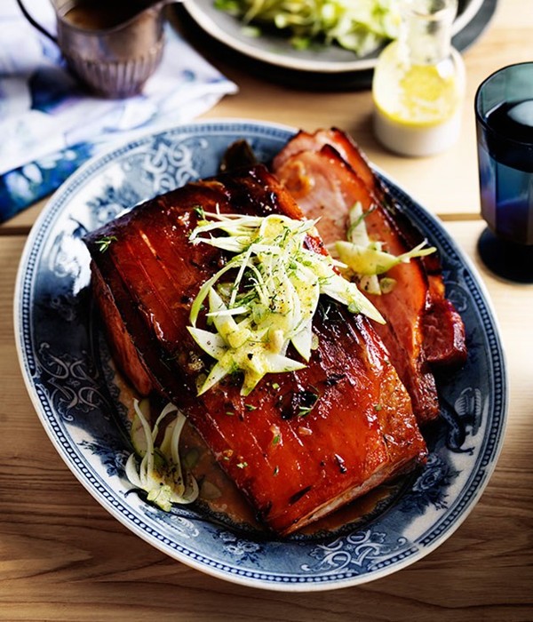 Citrus-glazed sticky bacon with apple and fennel salad