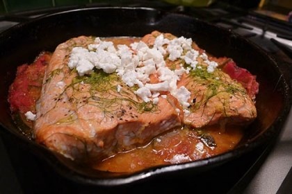 Citrus-marinated salmon with heirloom tomato concassé and goat's-milk feta
