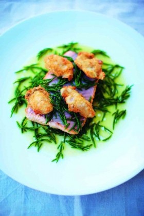 Citrus-marinated sea trout with samphire and crispy oysters