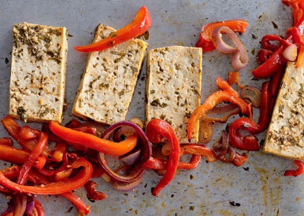 Citrus-marinated tofu with onions and peppers