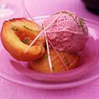 Citrus-poached peaches with Sybil Kapoor's plum ice cream